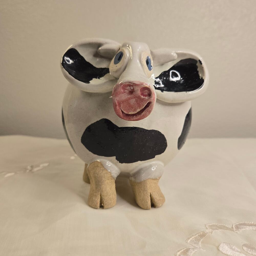 Vintage Holstien Cow Piggy Bank Pottery Art Farmhouse Decor - Picture 2 of 11